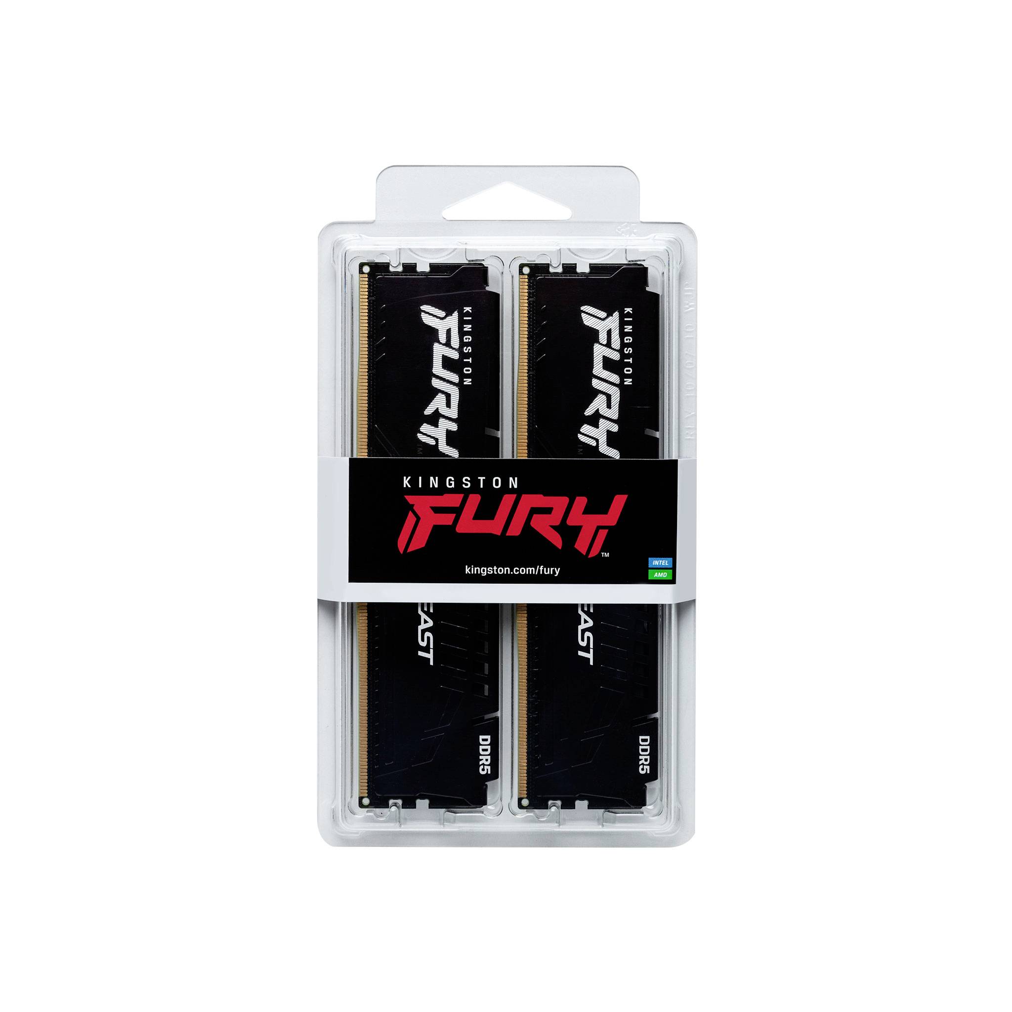 Due moduli RAM Kingston Fury in una confezione trasparente, contrassegnati con 'BEAST' e 'DDR5'.