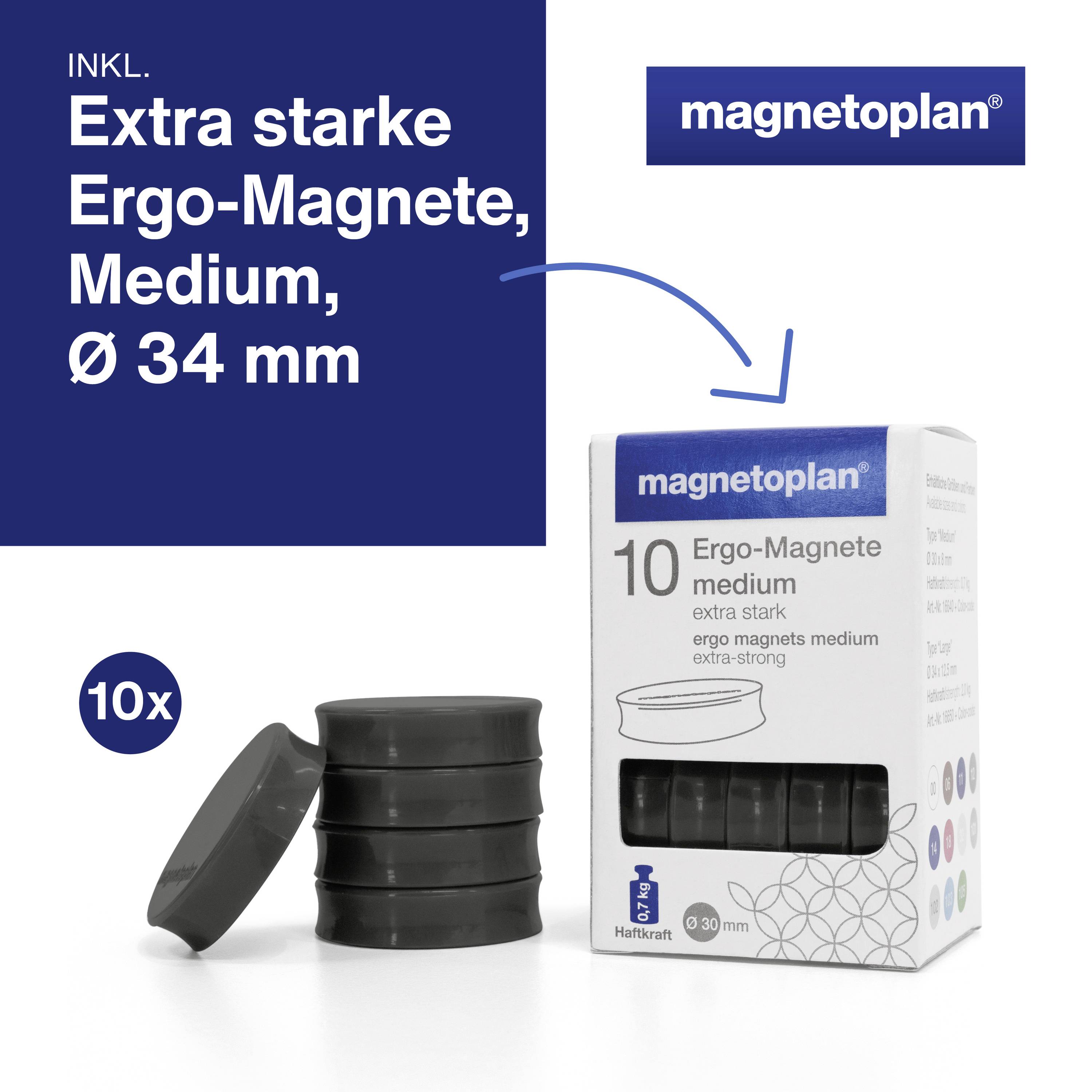 Set di magneti 'Magnetoplan', 10 magneti ergonomici extra forti, colore nero, Ø 34 mm. La confezione mostra 10 magneti che si incastrano l'uno con l'altro.
