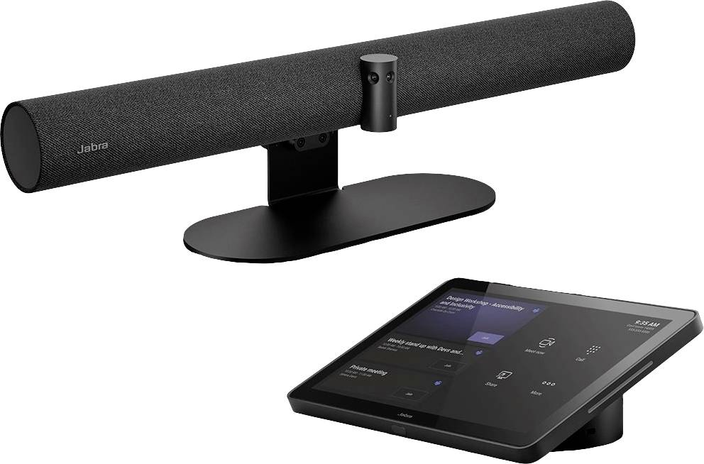Un dispositivo audio nero con telecamera su un supporto, accanto a un tablet con display digitale, entrambi per videoconferenze.