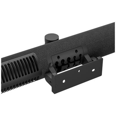 Supporto laterale per soundbar in metallo nero. Elemento circolare in alto, superficie testurizzata, base di montaggio rettangolare.