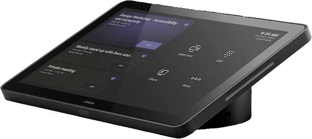 Un tablet su un supporto mostra un'interfaccia utente con opzioni di riunione, ora 9:35, nome aziendale 'Jabra'.