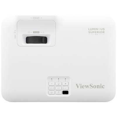 Un proiettore bianco ViewSonic con comandi di zoom e messa a fuoco e tastiera; adatto per presentazioni o home cinema.