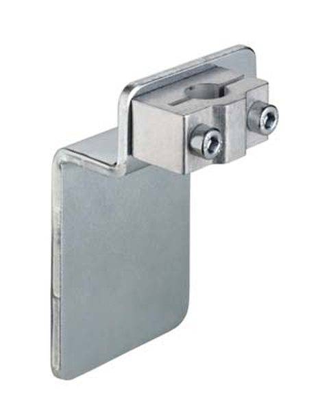 Clip di fissaggio metallico con due viti, idoneo per l'installazione su superfici piane.