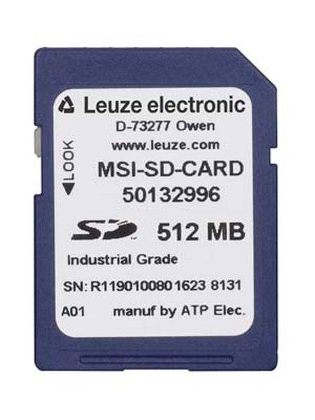 Una scheda di memoria blu con la scritta 'Leuze electronic, MSI-SD-CARD, 512 MB, Industrial Grade'.
