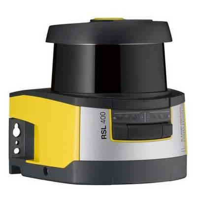 Scanner laser RSL 400 giallo e nero, design compatto, adatto per applicazioni di sicurezza industriale.