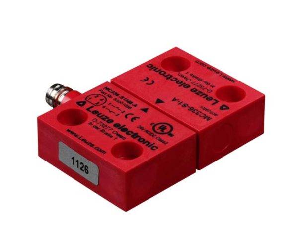Dispositivo di sicurezza rosso con scritta 'Leuze electronic', numero di modello 1126, per applicazioni industriali.