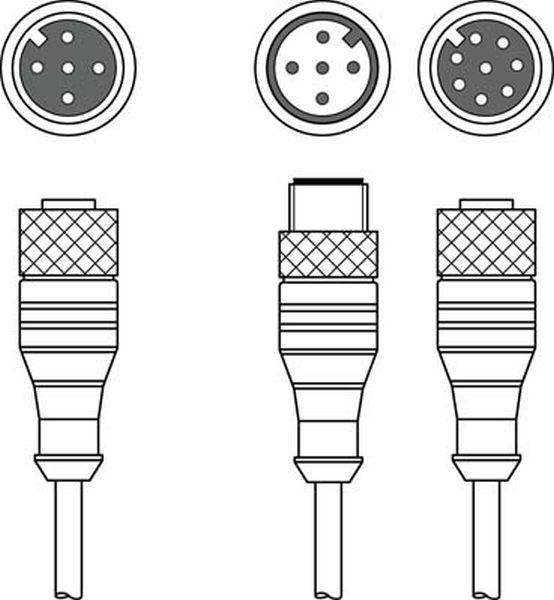 Tre diversi connettori per cavi audio, ciascuno con la disposizione dei pin e dei socket mostrata dall'alto e in vista dall'alto.