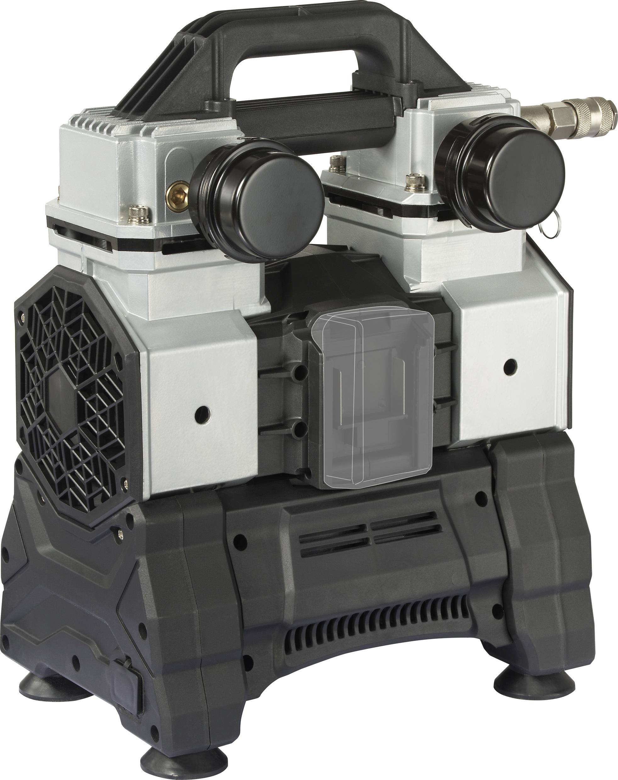 'Piccolo compressore elettrico portatile con impugnatura robusta, telaio in metallo, due cilindri e base inferiore in plastica nera.'