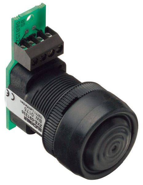 Un pulsante di commutazione nero con un connettore elettronico verde sul retro, adatto per pannelli di controllo industriali.