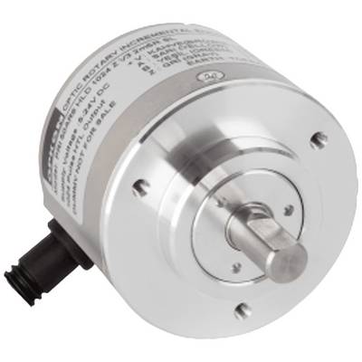 Un encoder rotativo in metallo con un albero e un connettore a cavo, con informazioni tecniche stampate sul corpo.