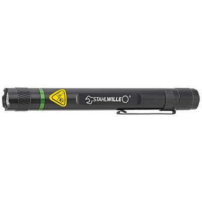 Torcia con clip e certificazione ATEX per ambienti a rischio esplosione. Custodia nera con simbolo di avvertimento giallo.