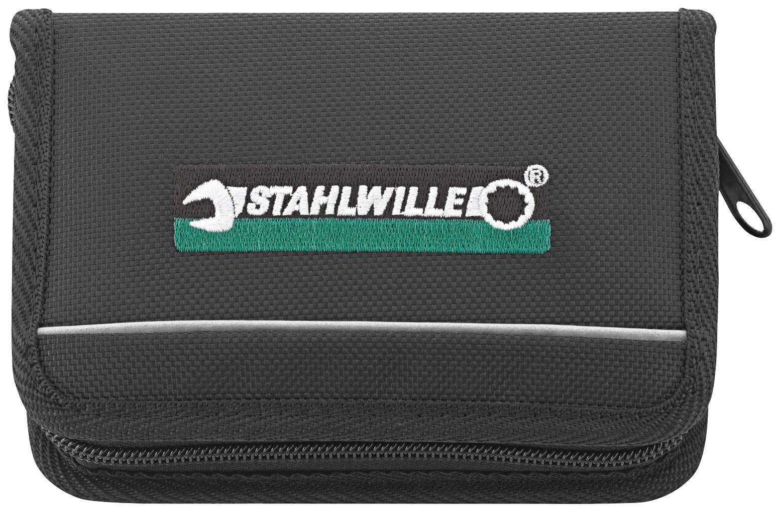Borsa per attrezzi nera con zip e logo 'STAHLWILLE' ricamato in verde e bianco sul lato anteriore.