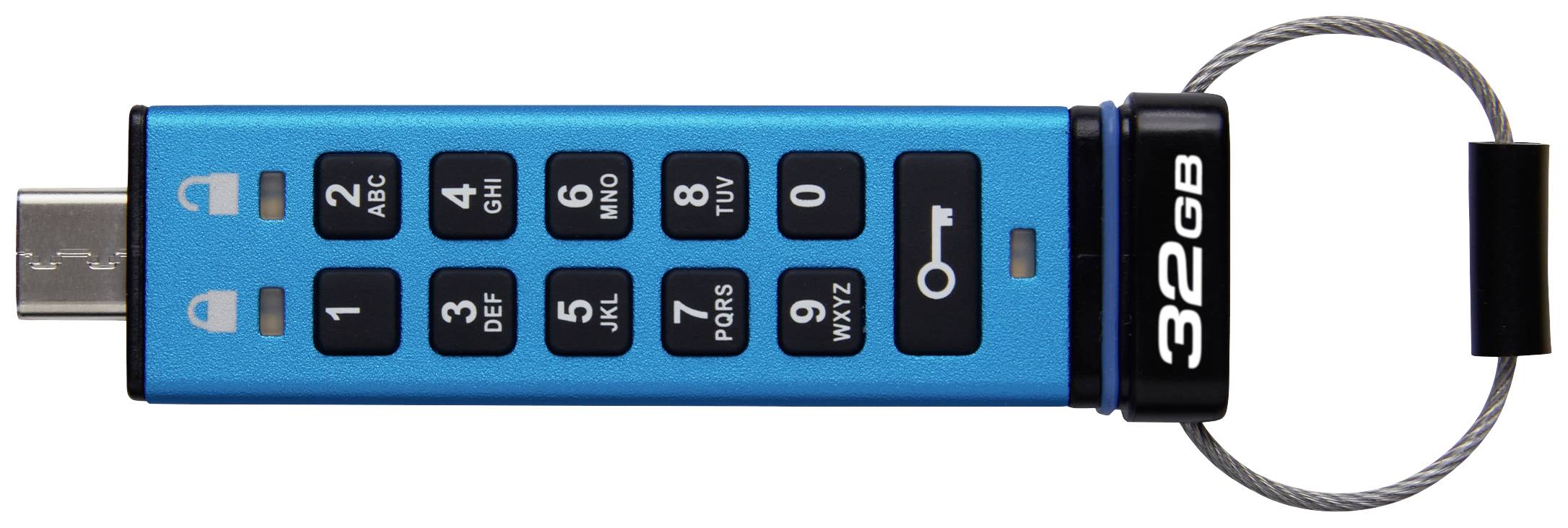 Una chiavetta USB blu con tastierino numerico per l'inserimento di un codice e la scritta '32GB', protegge i dati mediante crittografia.