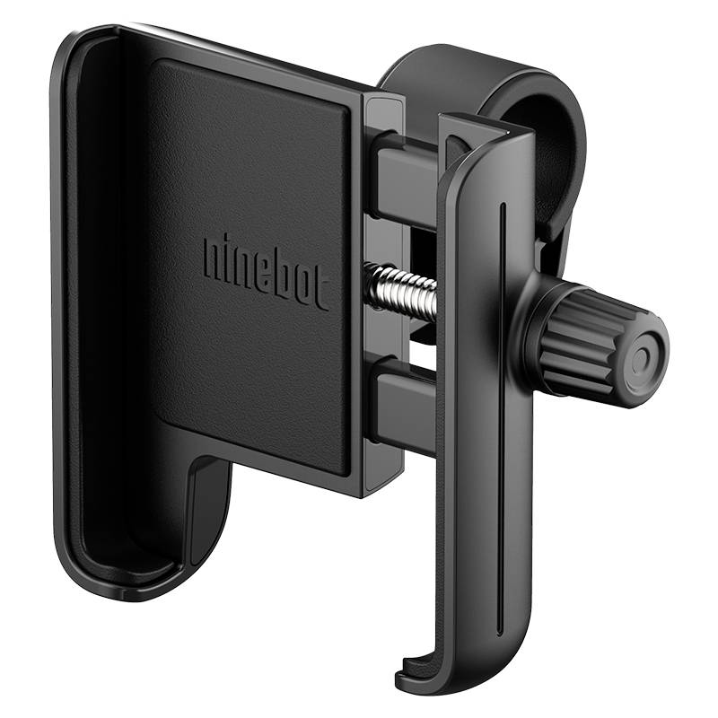 Supporto nero per cellulare da bicicletta, con impugnatura regolabile e meccanismo a vite, marca 'ninebot'. Adatto a smartphone di varie dimensioni.