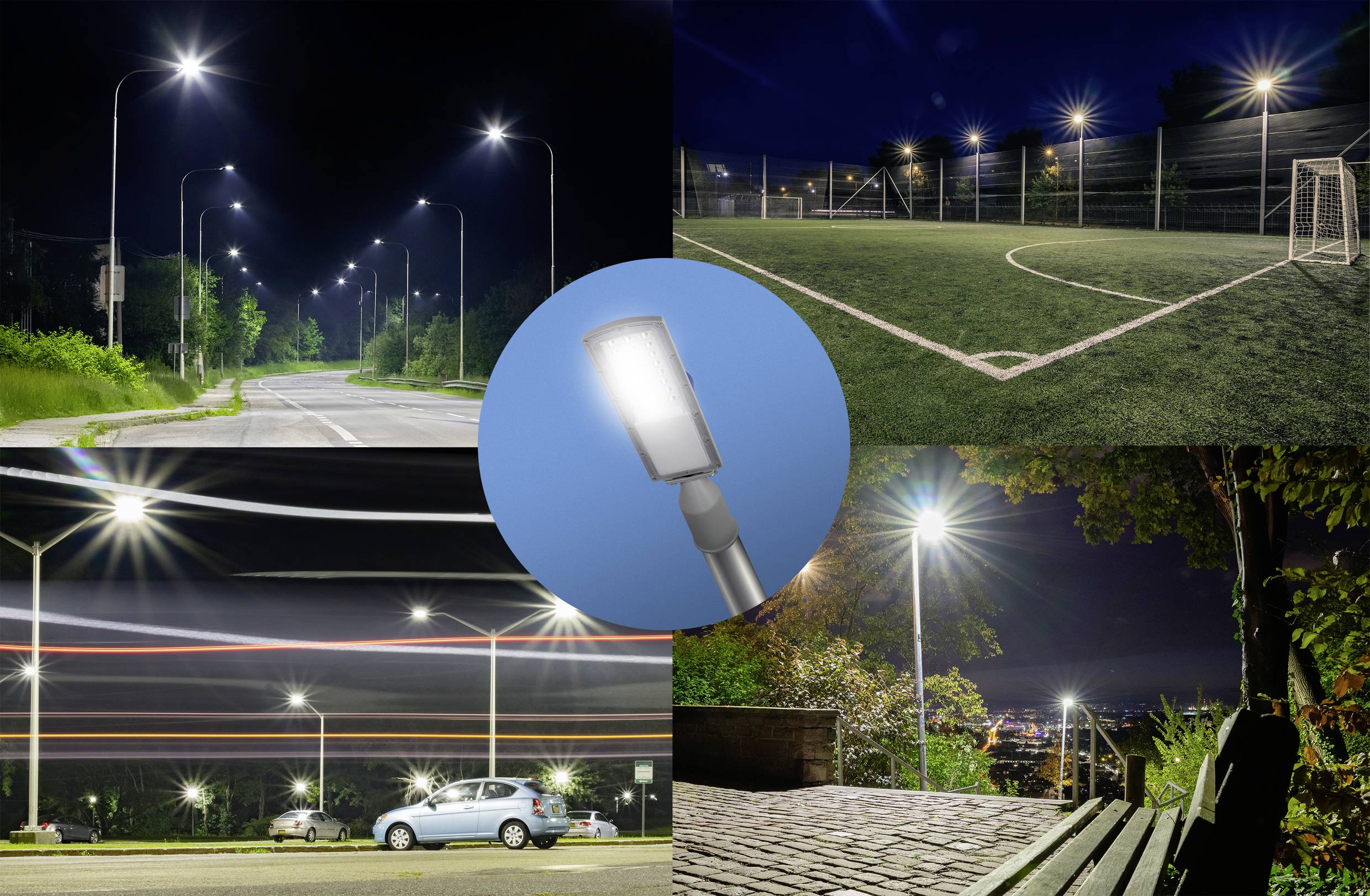 I'll translate this text from German to Italian:<br><br>I lampioni illuminano una strada, un campo sportivo e un parcheggio. Un'immagine centrale mostra un singolo lampione.