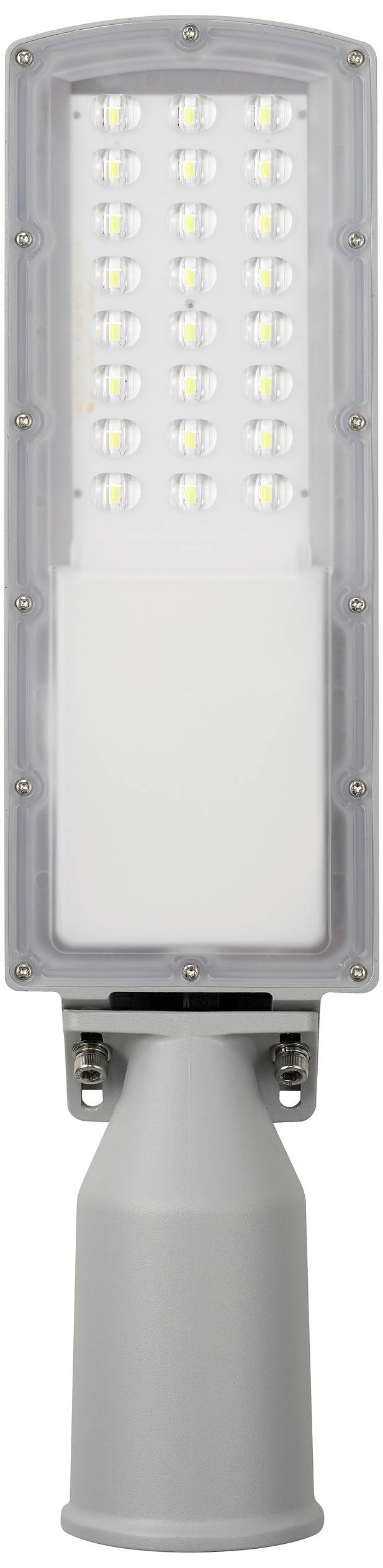 Lampione stradale grigio con LED e campo luminoso rettangolare; 28 diodi gialli disposti in quattro colonne.