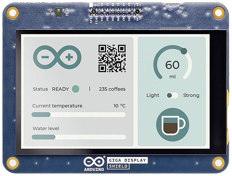 Display Arduino Giga con elementi di visualizzazione, tra cui logo Arduino, codice QR, stato 'PRONTO', 235 caffè, temperatura a 10°C, livello dell'acqua e intensità del caffè.