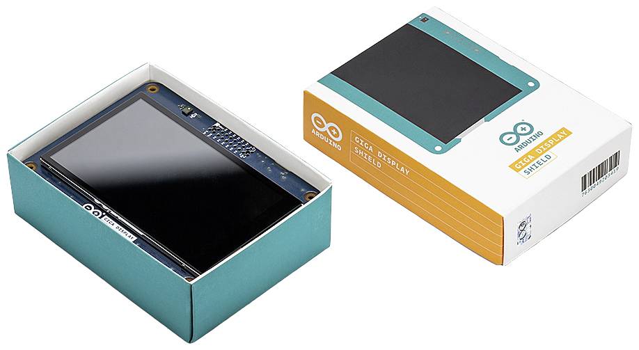 Immagine di un display Arduino in una confezione. A sinistra il display all'interno della scatola aperta, a destra la confezione chiusa con stampa.