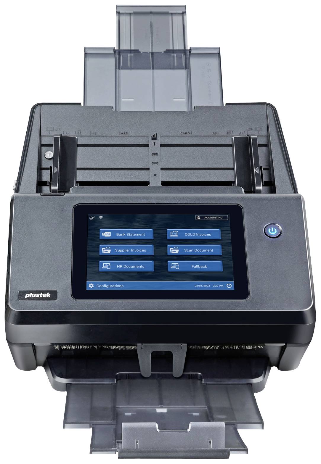 Scanner con display di grandi dimensioni, mostra opzioni come 'Scansiona documento' e 'Configurazione'. Alimentazione e uscita della carta sono visibili.