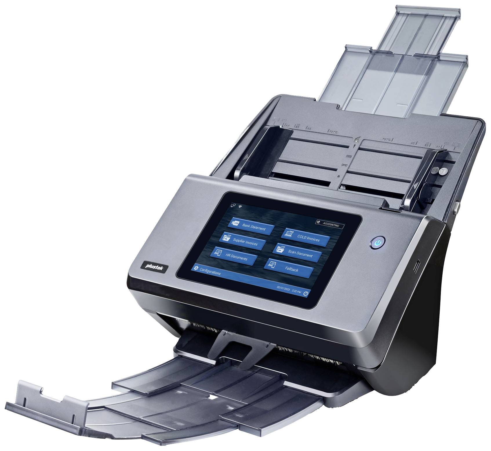 Scanner con ampio schermo touch, alimentatore e uscita documenti per una digitalizzazione semplice di documenti cartacei.