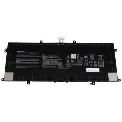 Batteria nera per laptop con logo ASUS, dati tecnici e simboli di certificazione. Forma rettangolare con connettore per cavo nella parte superiore.