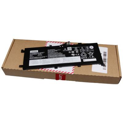 Batteria nera per laptop Lenovo su un cartone marrone. La batteria riporta diversi simboli di sicurezza e riciclaggio.