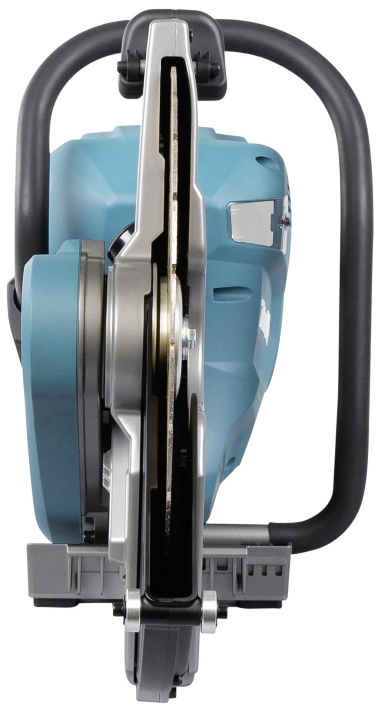 Sega circolare elettrica con custodia blu, vista laterale, che mostra la lama e la impugnatura. Adatta per tagli nel legno e lavori edili.