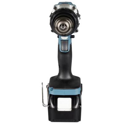 Trapano avvitatore a batteria in vista frontale. Involucro nero e blu con testa di perforazione argentata. Utensile per fai-da-te.