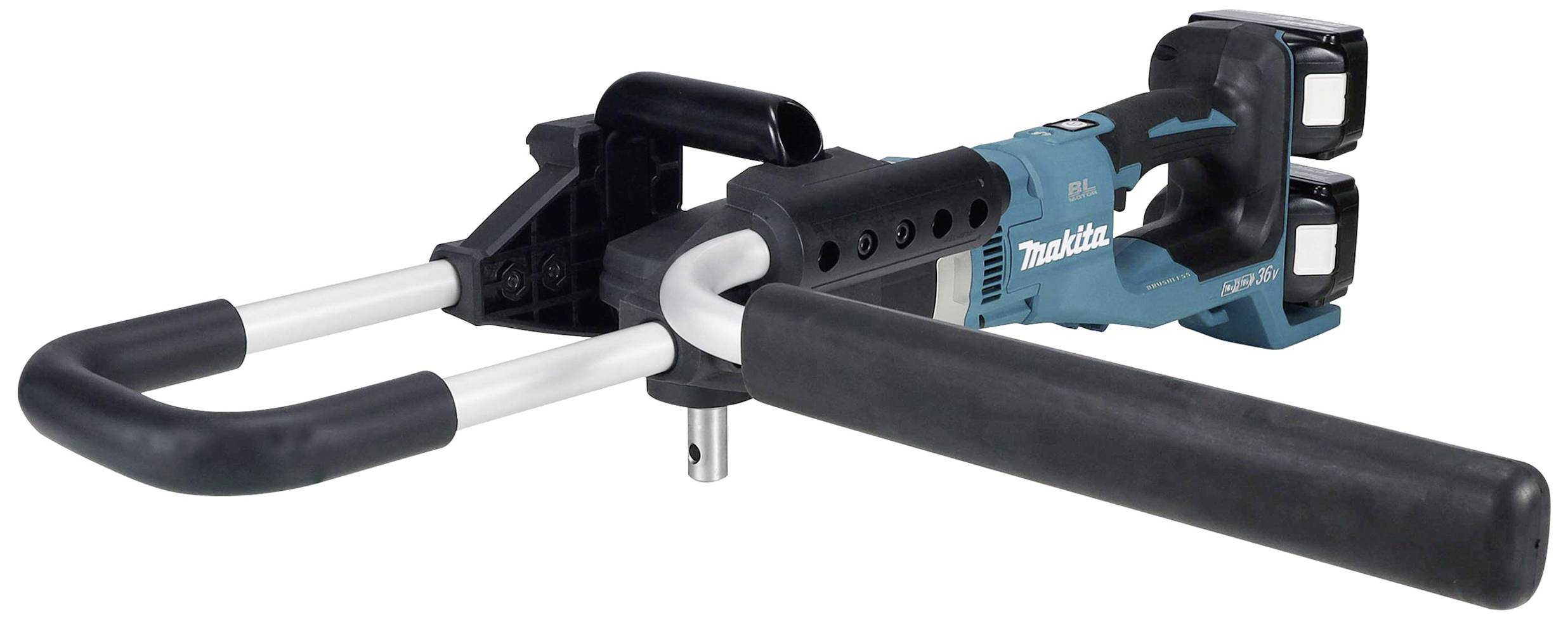 Uno strumento blu-nero alimentato a batteria con un manico lungo e due caricabatterie.