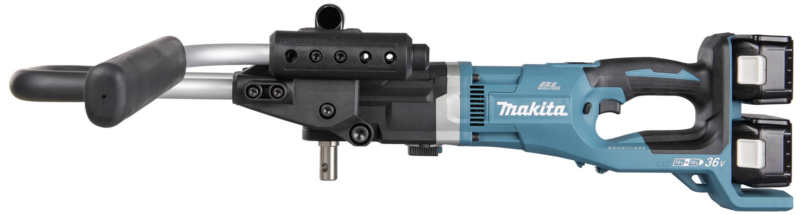 Avvitatore a punzone Makita a batteria in blu e nero con due vani batteria e impugnatura laterale, adatto per la lavorazione dei metalli.