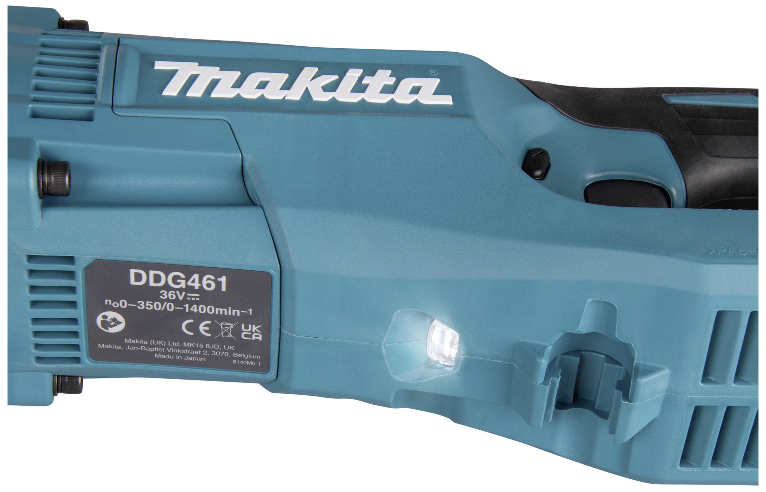 Un trapano avvitatore Makita blu, cordless, con luce LED. Modello: DDG461. Campo di potenza: 0-3500/1400 giri/min a 36V.