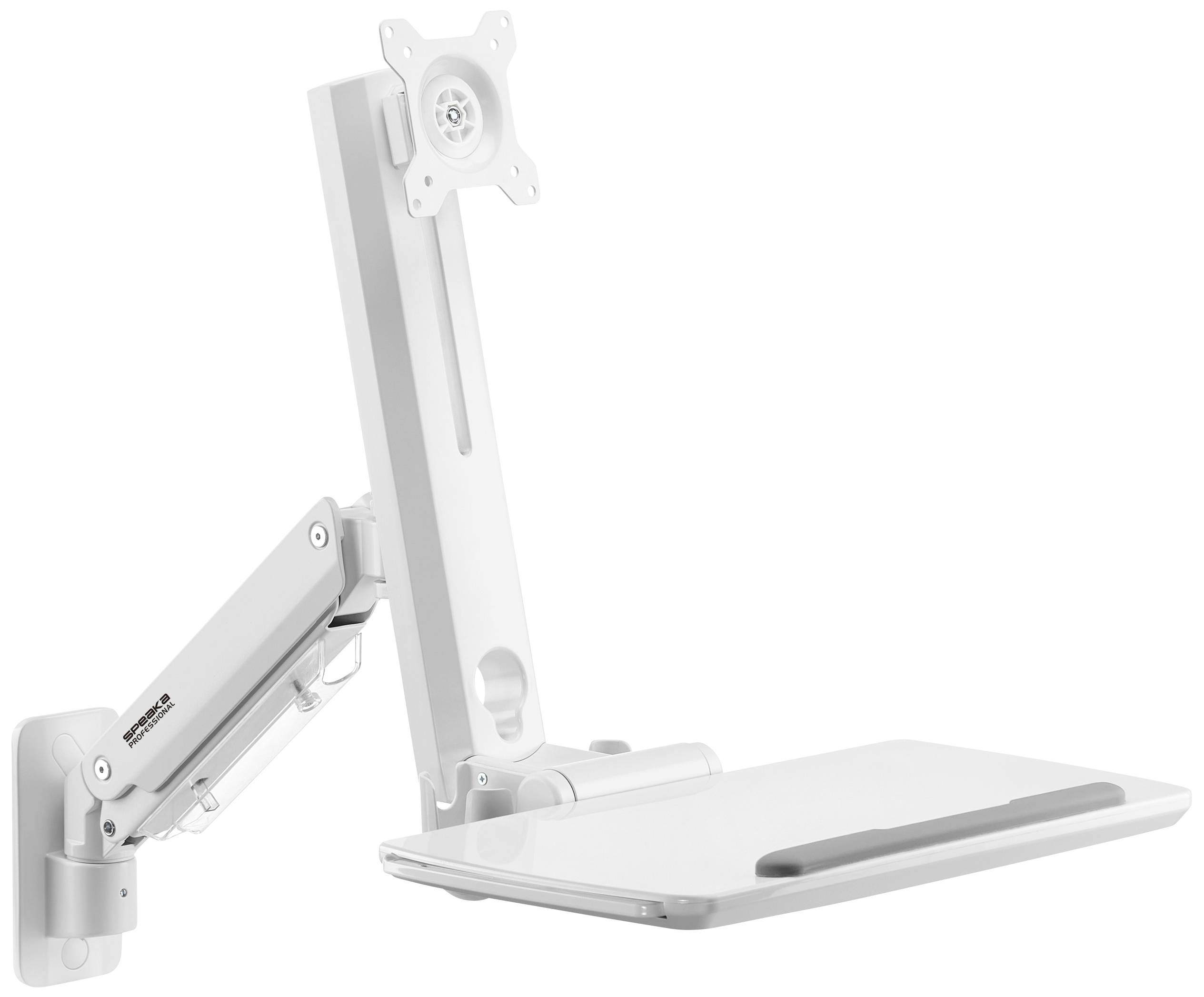 Supporto per monitor e piano di lavoro in bianco, montati a parete, consentono un posizionamento flessibile dello schermo e un'organizzazione efficiente dello spazio di lavoro.