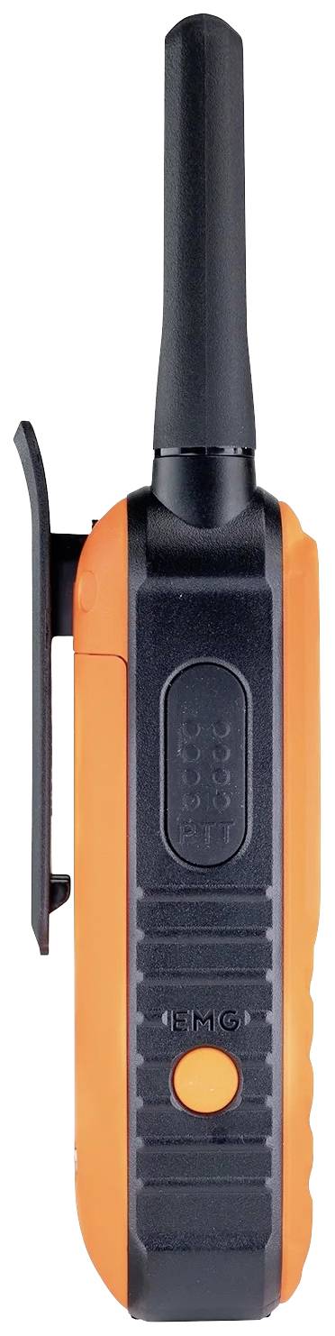 Un walkie-talkie arancione e nero in prospettiva laterale, con un'antenna e bottoni funzionali.