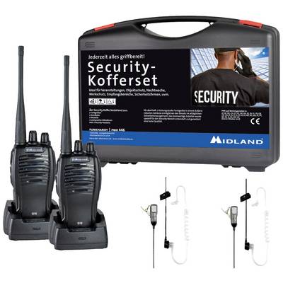 Set di sicurezza con due ricetrasmettitori, auricolari e custodia nera. Il testo sulla custodia indica le diverse possibilità di utilizzo.