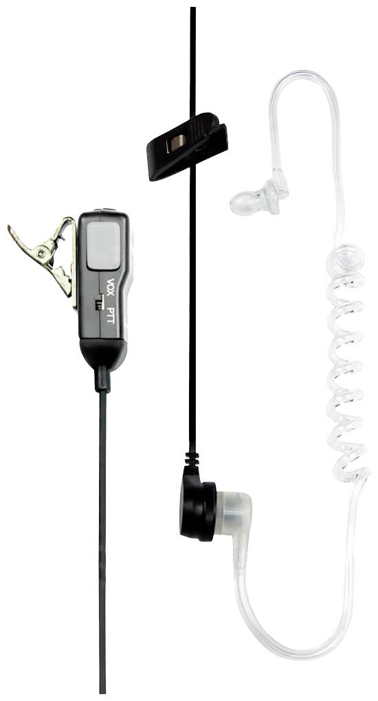 Auricolari con tubo acustico trasparente e clip, adatti per comunicazioni discrete.