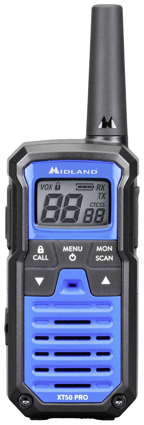Un'apparecchiatura radio portatile blu-nera con display, sul quale vengono mostrati numeri e simboli. Testo sul dispositivo: 'Midland XT50 Pro'.