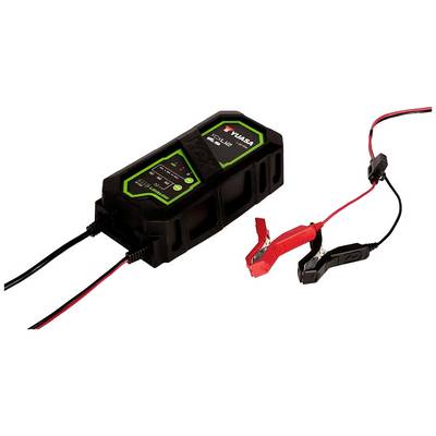 Un caricabatterie nero con morsetti rossi e neri. Modello 'Yuasa YCX124' per la ricarica di batterie di veicoli.