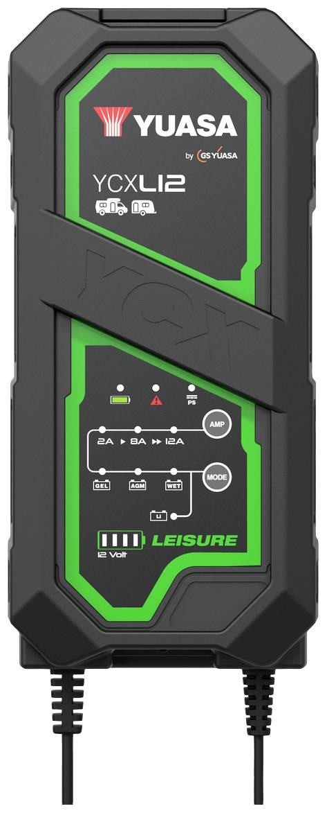 Caricabatterie Yuasa YCXL12 con indicatori LED e tasti modalità, adatto a diversi tipi di veicoli.