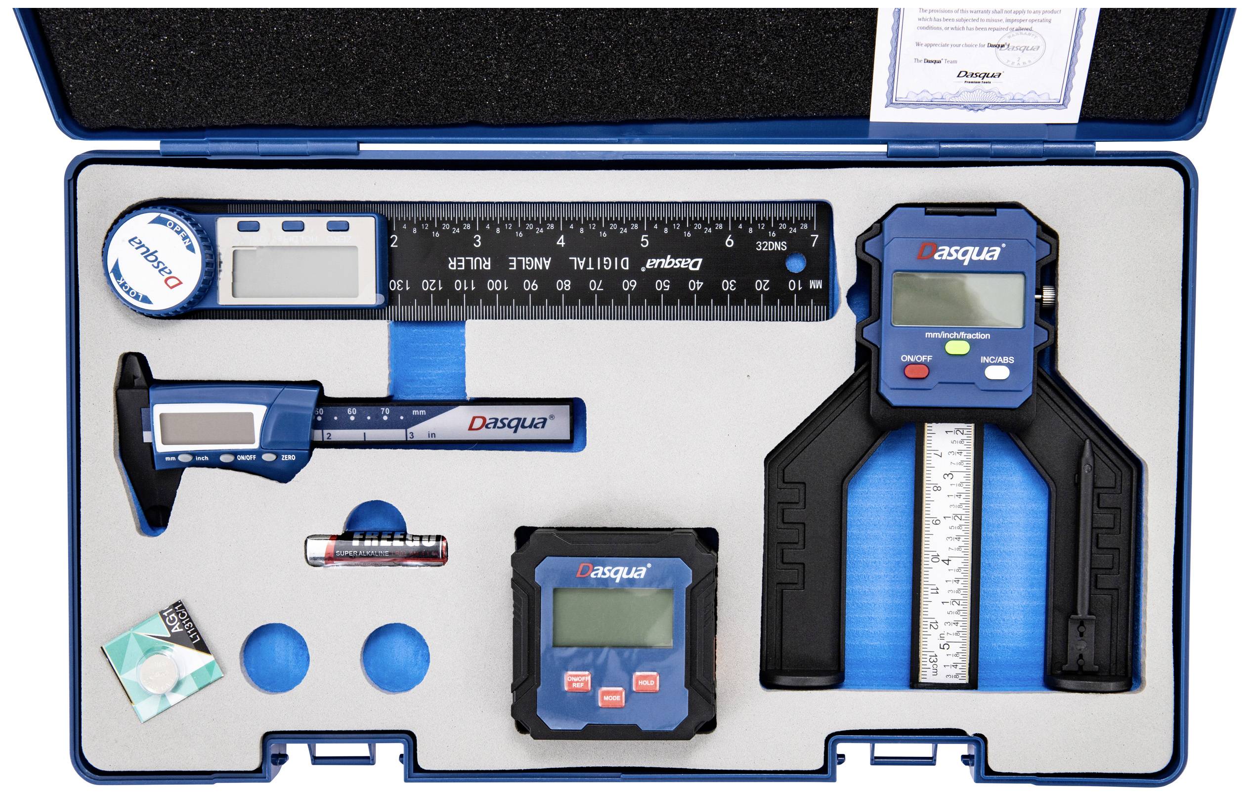 Set di strumenti di misurazione in una valigetta, composto da un calibro digitale, un goniometro, un righello, un livello e altri utensili.