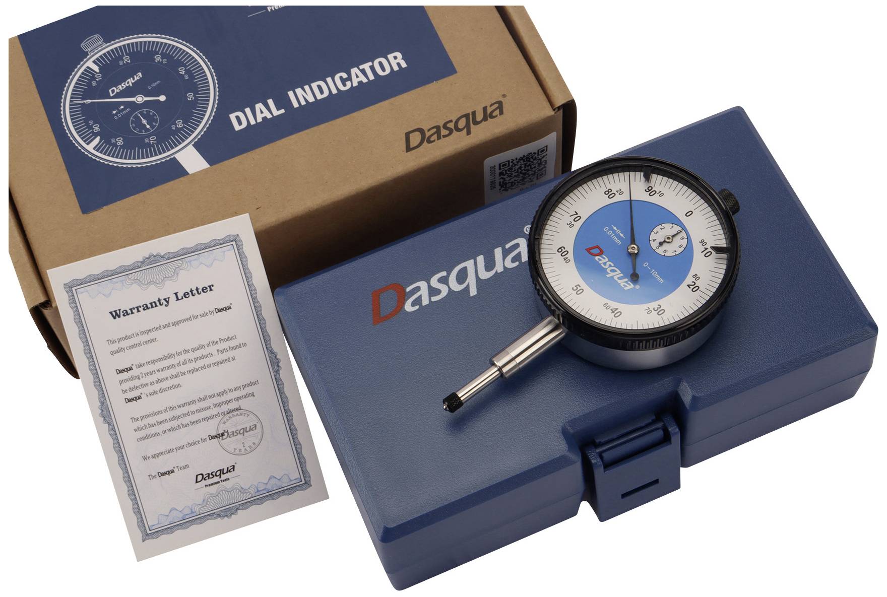 Comparatore Dasqua con scatola blu e certificato di garanzia. Confezione sullo sfondo.