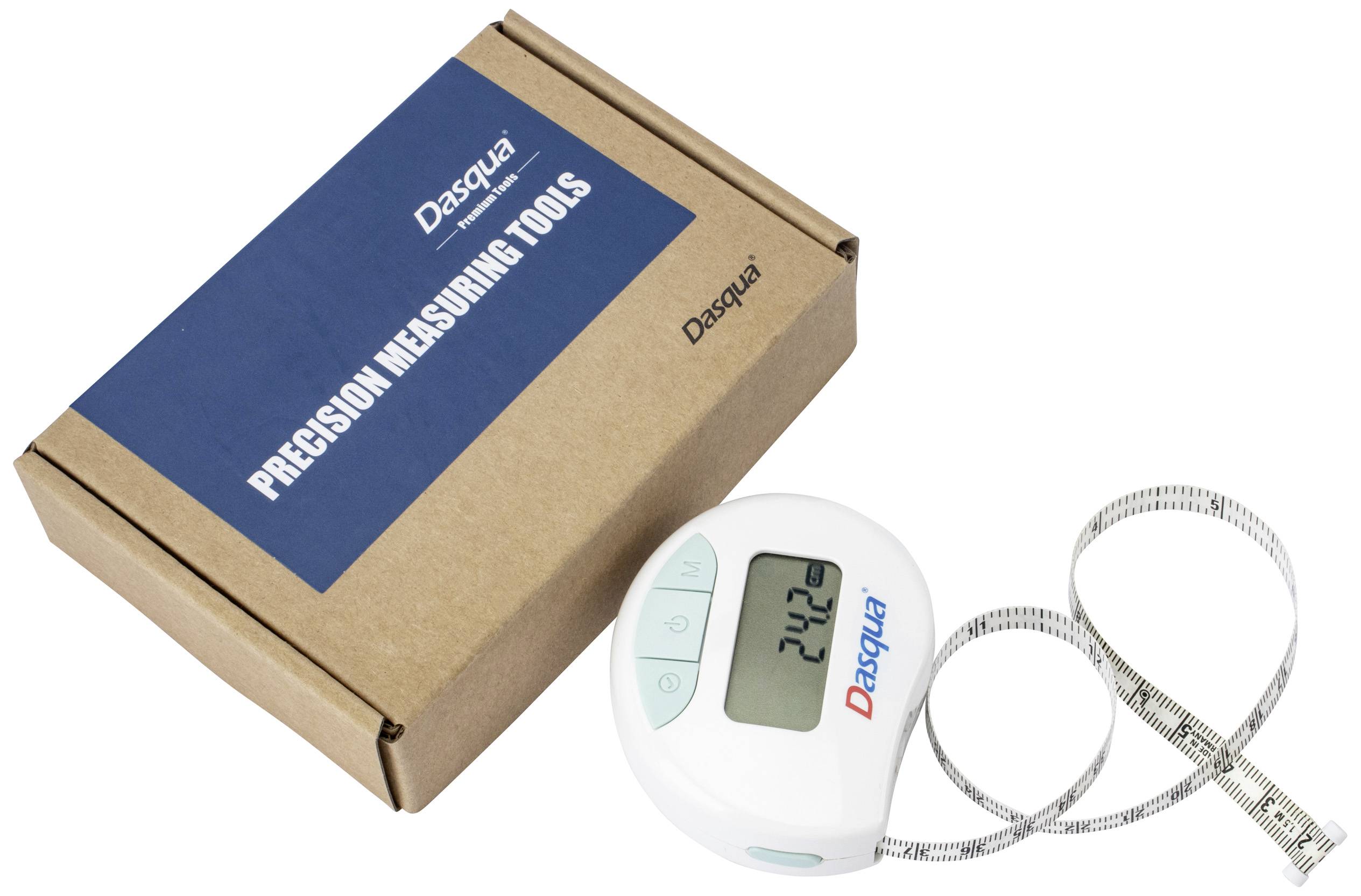 Una scatola con la scritta 'Precision Measuring Tools' accanto a un nastro metrico digitale con un display che mostra '24.2'.