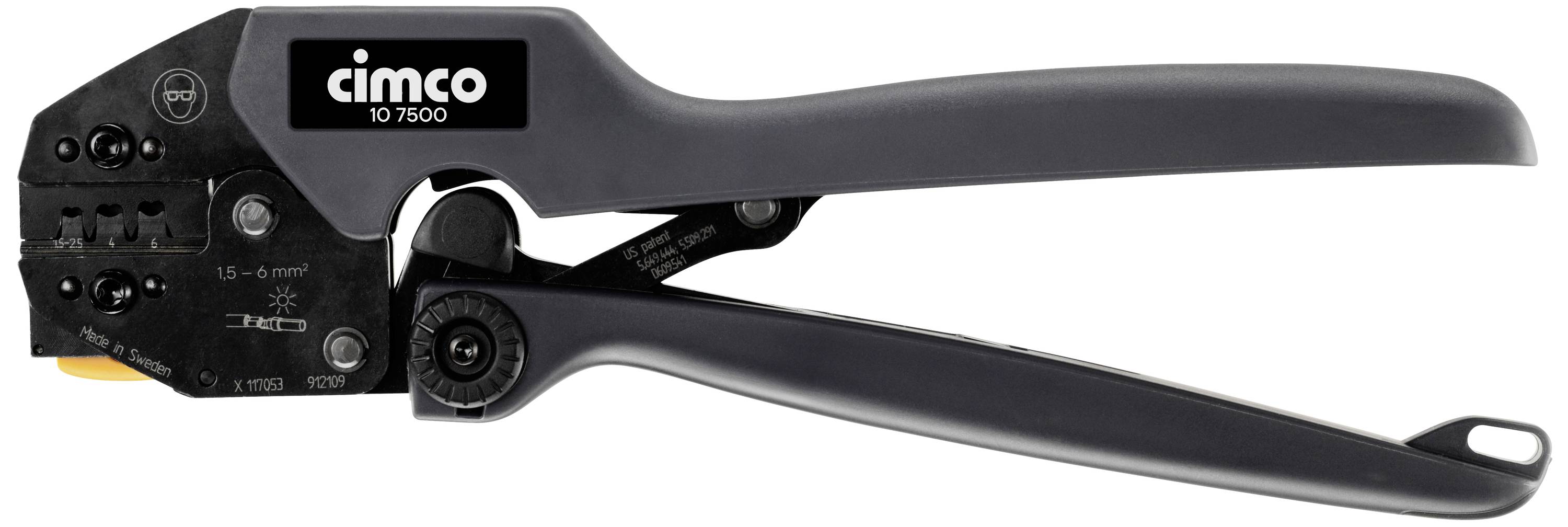 Una pinza a crimpare Cimco modello 10 7500, con design nero, viene utilizzata per collegare cavi e connettori.