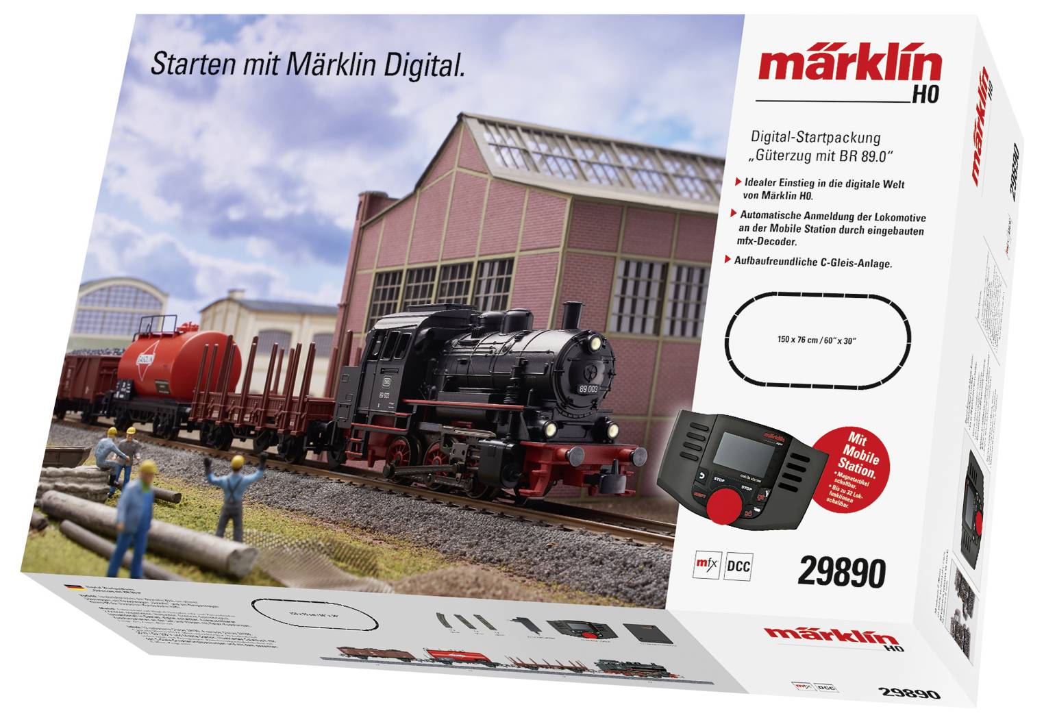 'Set iniziale digitale per treno merci con locomotiva BR 80 di Märklin. Include locomotiva, vagoni, binari e dispositivo di controllo. Per appassionati di modellismo ferroviario.'