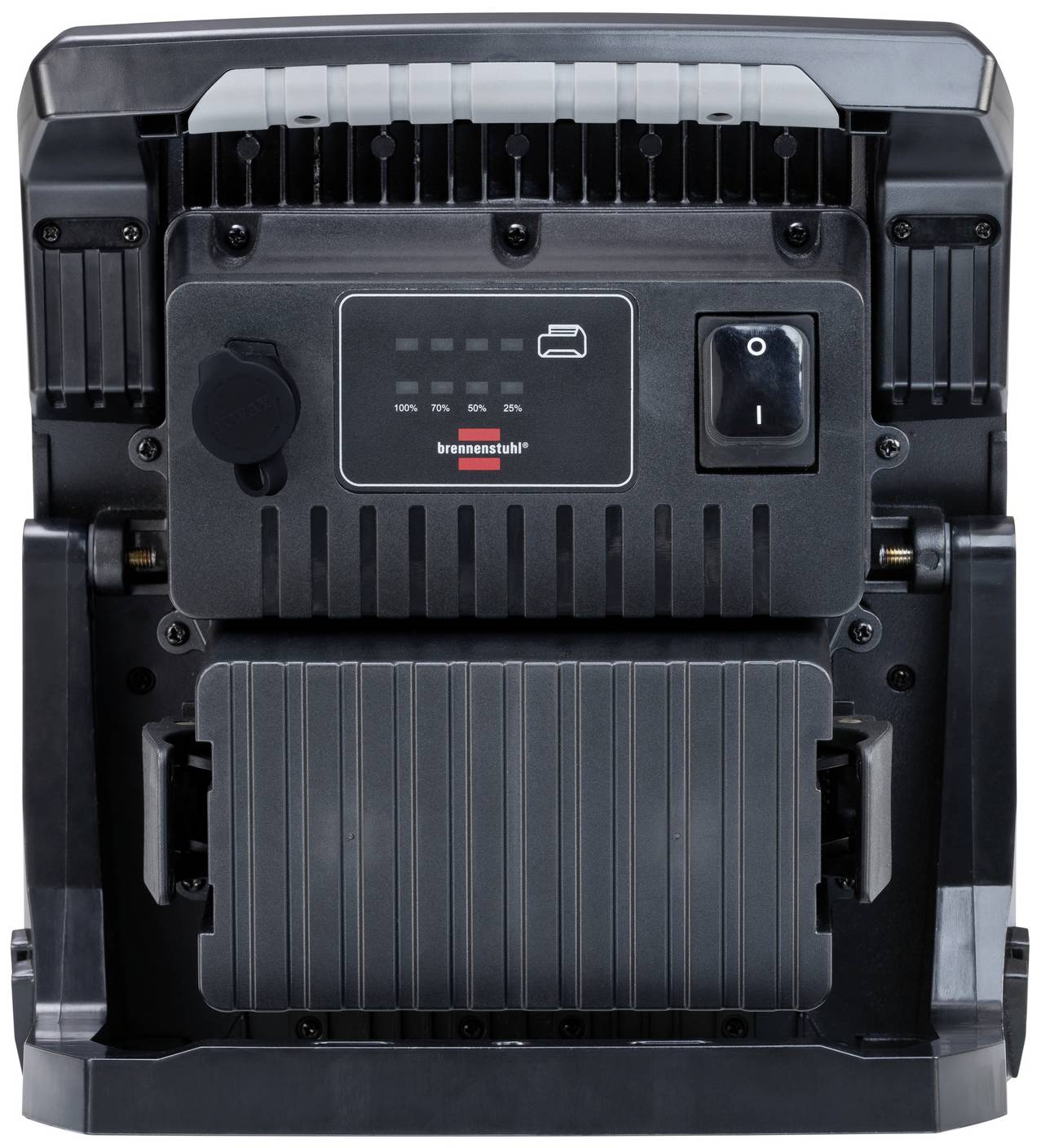 Il retro di un dispositivo nero con un interruttore di accensione/spegnimento, un indicatore di stato di carica e un vano batteria.