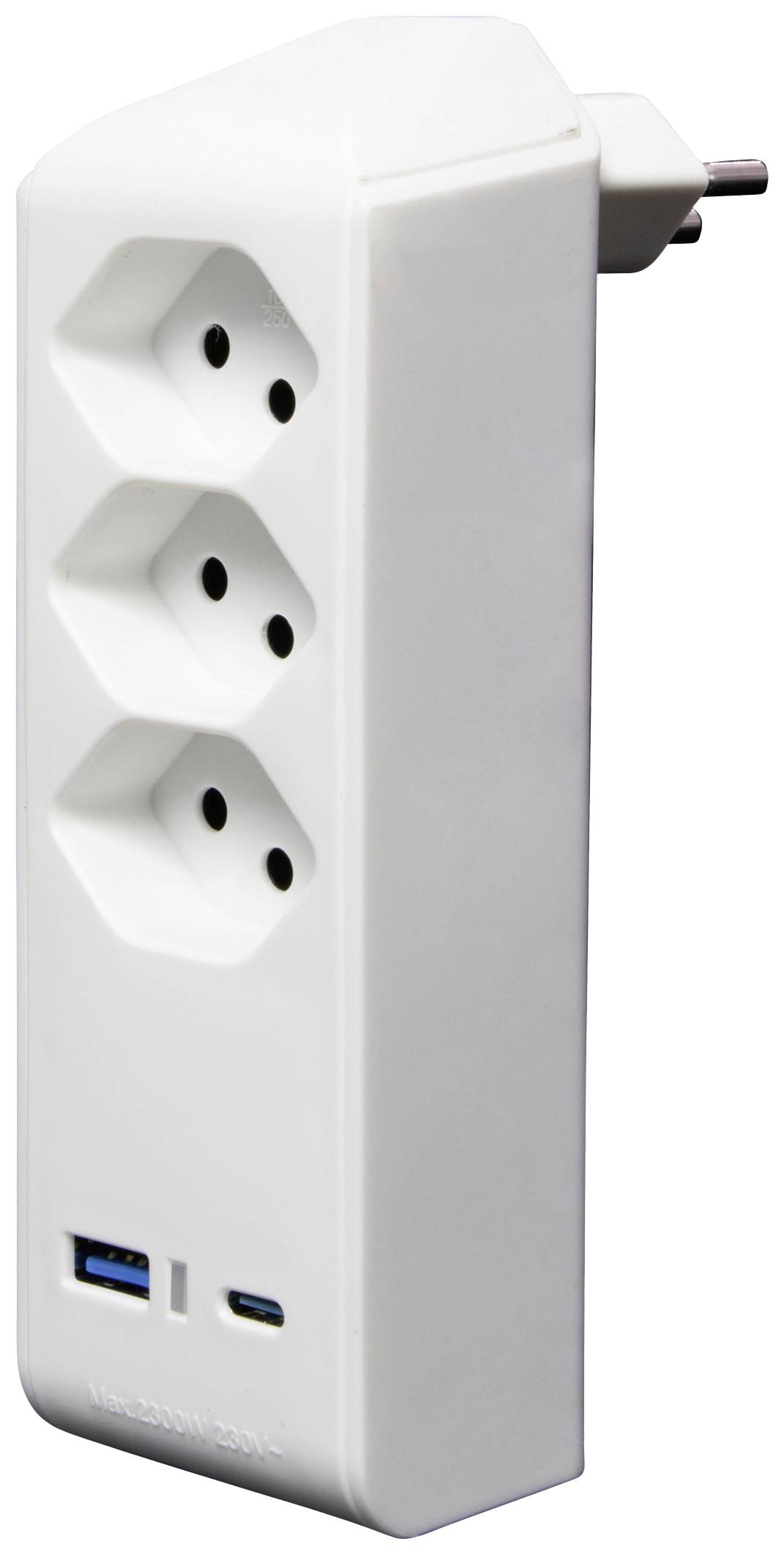 Presa multipla tripla con porte USB in orientamento verticale, adatta per la ricarica simultanea di più dispositivi.