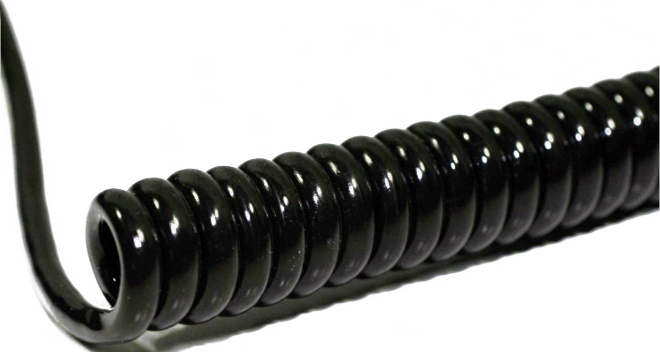 Un cavo a spirale nero è posizionato su uno sfondo bianco.