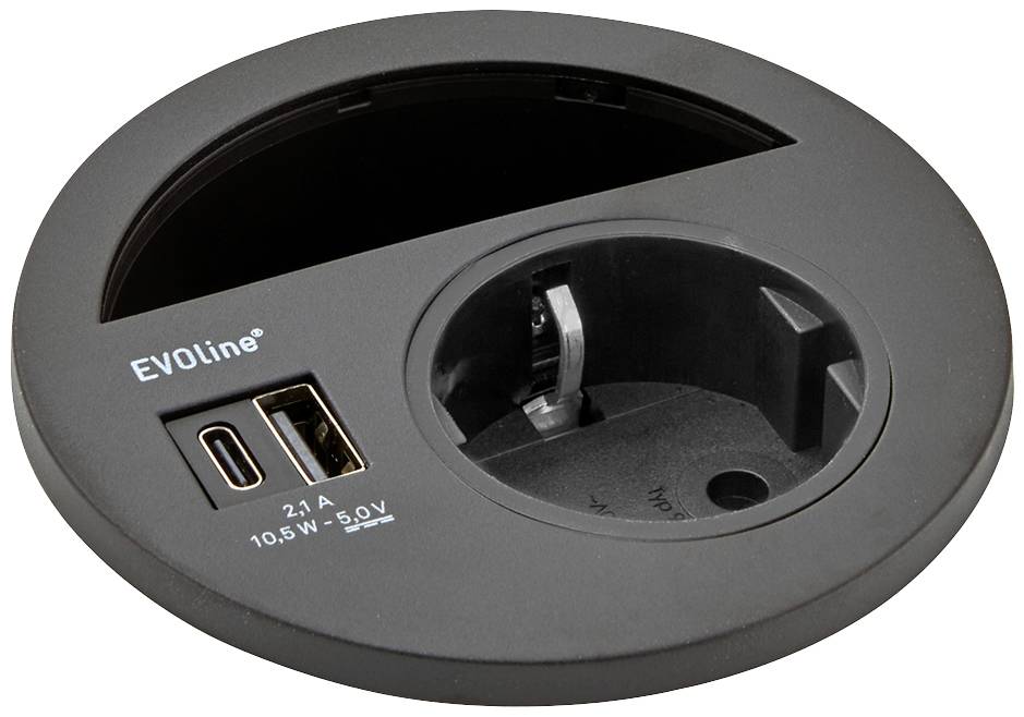 Presa rotonda da tavolo con una presa Schuko e due porte USB; contrassegnata con 'EVOline'. Ideale per l'alimentazione elettrica negli uffici.