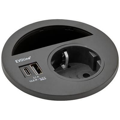 Presa rotonda da tavolo con una presa Schuko e due porte USB; contrassegnata con 'EVOline'. Ideale per l'alimentazione elettrica negli uffici.