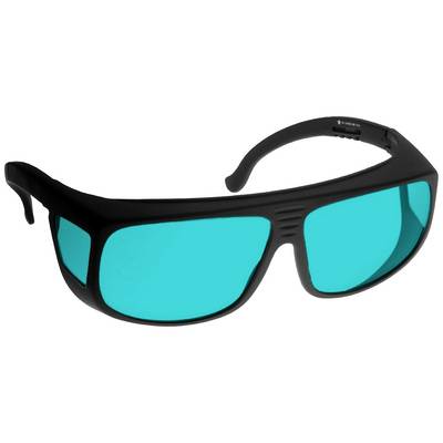 Occhiali da sole con montatura nera e lenti turchesi, su sfondo bianco.