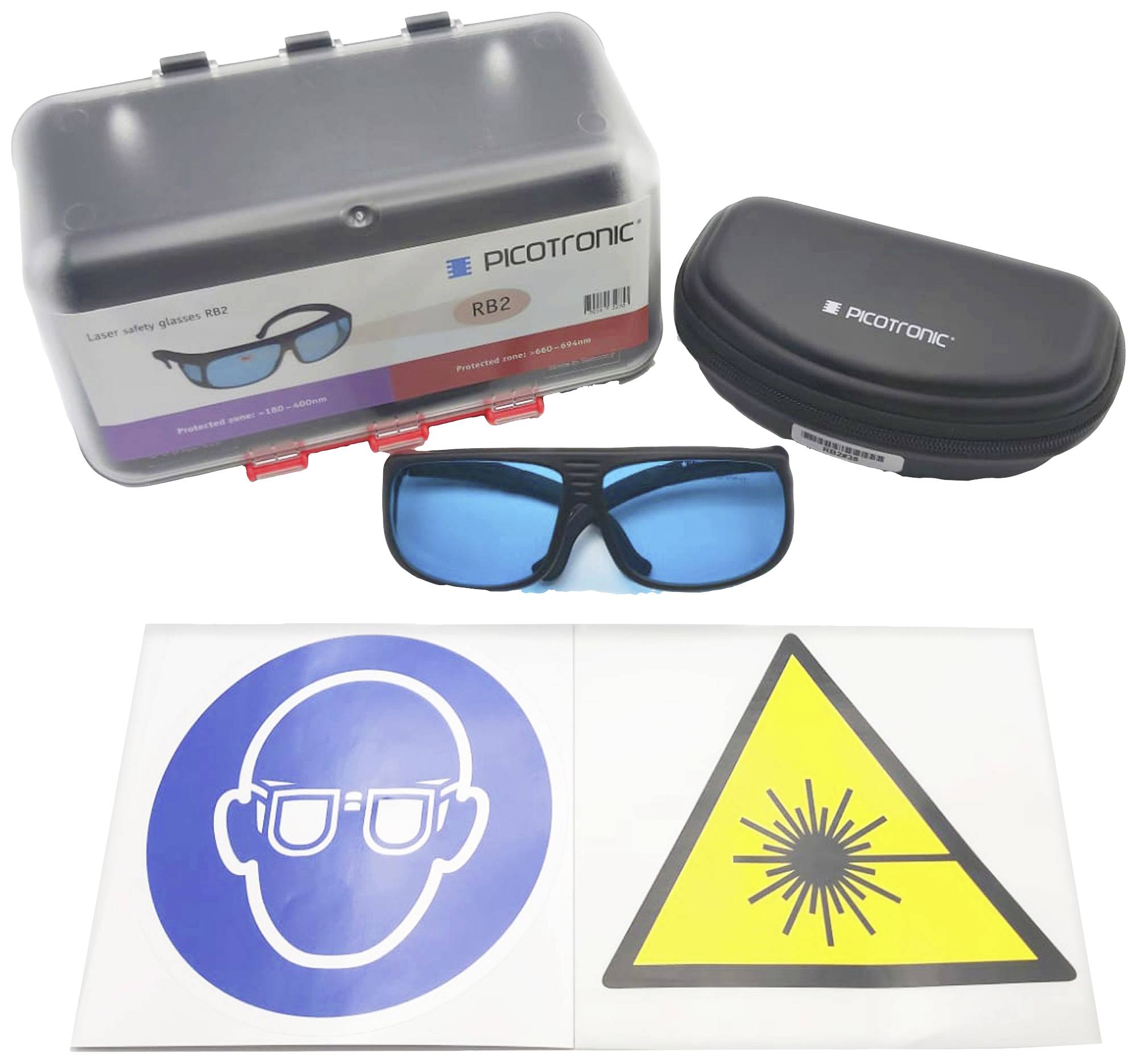 Set di occhiali protettivi laser Picotronic con occhiali protettivi blu, custodia e cartelli di avvertimento per la protezione laser.